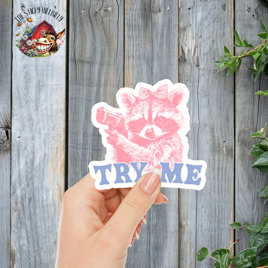 Try Me, Cute Raccoon With A Gun - Pink Coquette Aesthetic Sticker | Laminated Vinyl Decal | Funny Gift Stickers | Multiple Sizes | Perfect for Laptops, Cars, Tumblers and More!