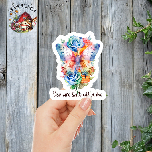 You Are Safe With Me - LGBTQIA+ Floral & Butterfly Aesthetic Sticker | Laminated Vinyl Decal | Funny Gift Stickers | Multiple Sizes | Perfect for Laptops, Cars, Tumblers and More!