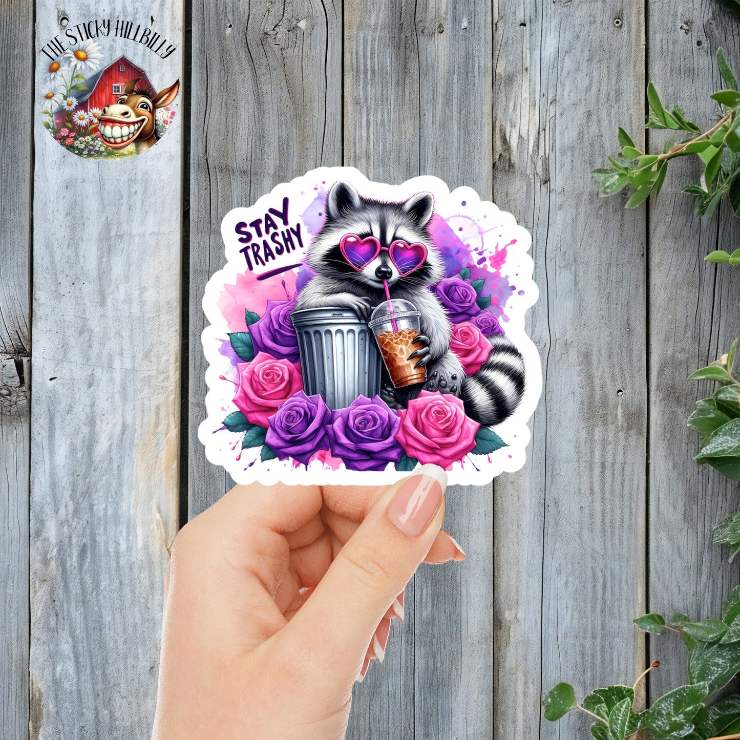 "Stay Trashy" Vibrant Iced Coffee Raccoon Sticker | Laminated Vinyl Decal | Funny Gift Stickers | Multiple Sizes | Perfect for Laptops, Cars, Tumblers and More!