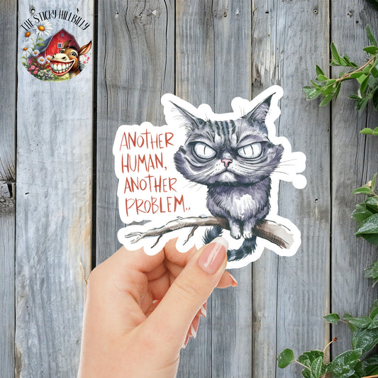 Another Human, Another Problem - Crazy Cat Sticker | Laminated Vinyl Decal | Funny Gift Stickers | Multiple Sizes | Perfect for Laptops, Cars, Tumblers and More!