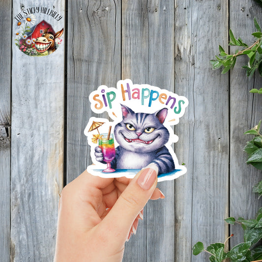 Sip Happens Drinking Cat Sticker | Laminated Vinyl Decal | Funny Gift Stickers | Multiple Sizes | Perfect for Laptops, Cars, Tumblers and More!