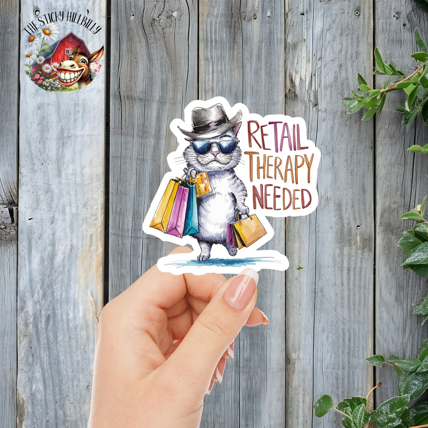 Retail Therapy Needed - Funny Fashionable Shopping Cat Sticker | Laminated Vinyl Decal | Funny Gift Stickers | Multiple Sizes | Perfect for Laptops, Cars, Tumblers and More!