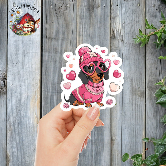 Pink Hearts Weiner Dog - Cute Valentine's Day Dachshund Sticker | Laminated Vinyl Decal | Funny Gift Stickers | Multiple Sizes | Perfect for Laptops, Cars, Tumblers and More!