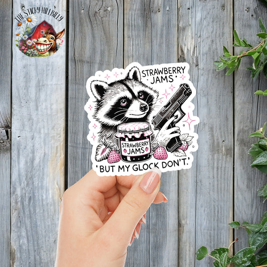 Strawberry Jams, But My Glock Don't - Funny Raccoon Sticker | Laminated Vinyl Decal | Funny Gift Stickers | Multiple Sizes | Perfect for Laptops, Cars, Tumblers and More!