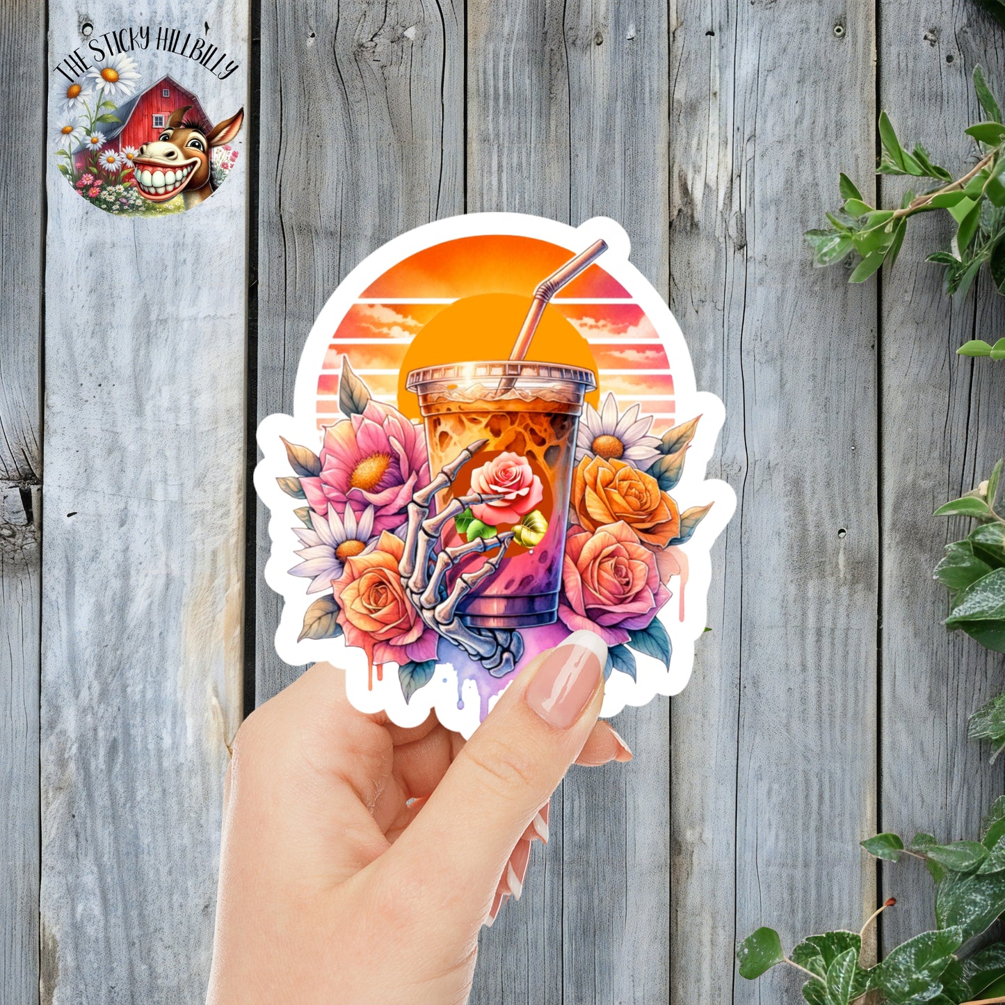 Pretty Sunset Skeleton Iced Coffee Aesthetic Sticker | Laminated Vinyl Decal | Funny Gift Stickers | Multiple Sizes | Perfect for Laptops, Cars, Tumblers and More!