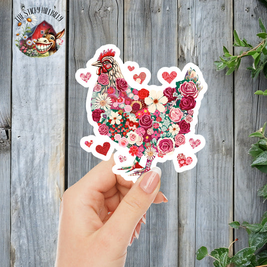 Pretty Aesthetic Heart/Flower Rooster Sticker | Laminated Vinyl Decal | Funny Gift Stickers | Multiple Sizes | Perfect for Laptops, Cars, Tumblers and More!