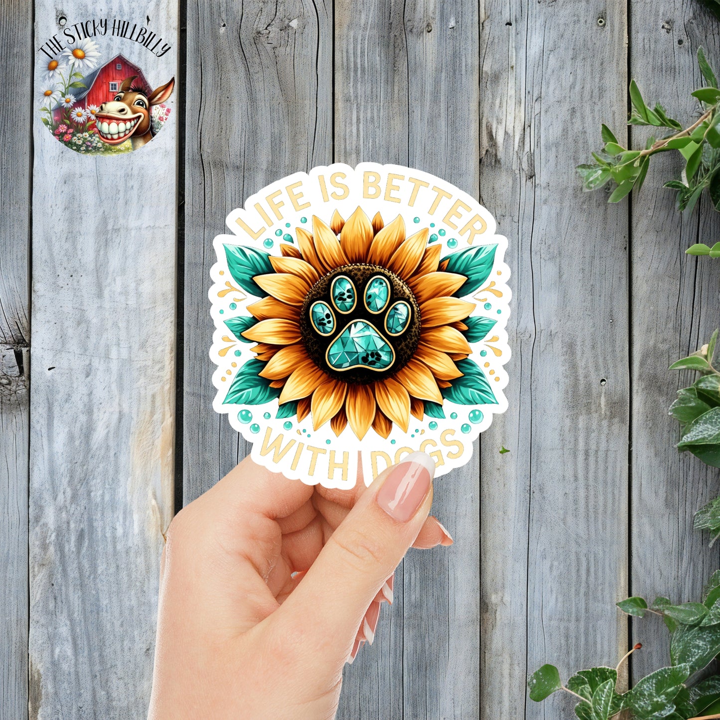 Life Is Better With Dogs - Bejeweled Sunflower Paw, Pet Parent Sticker | Laminated Vinyl Decal | Funny Gift Stickers | Multiple Sizes | Perfect for Laptops, Cars, Tumblers and More!