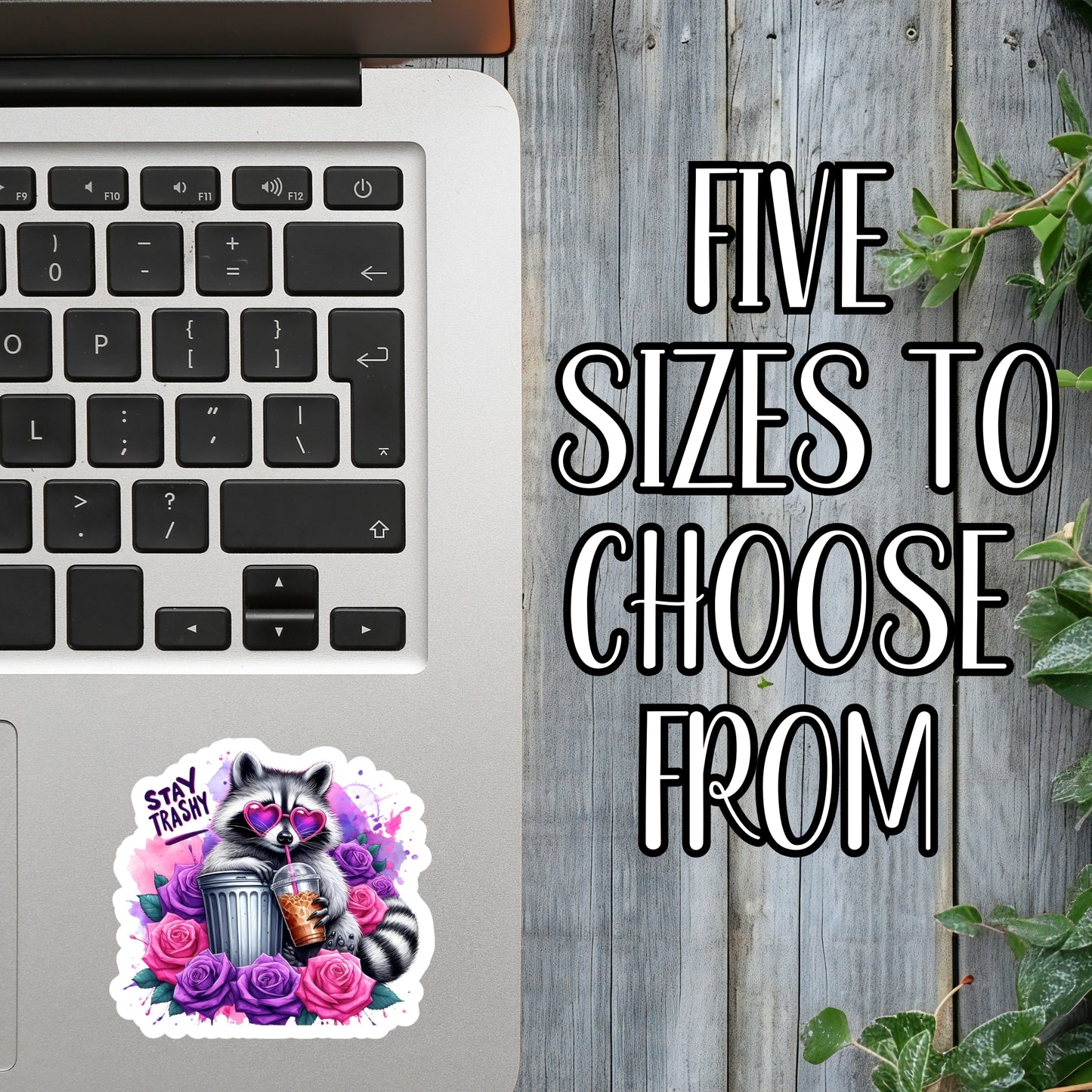 "Stay Trashy" Vibrant Iced Coffee Raccoon Sticker | Laminated Vinyl Decal | Funny Gift Stickers | Multiple Sizes | Perfect for Laptops, Cars, Tumblers and More!