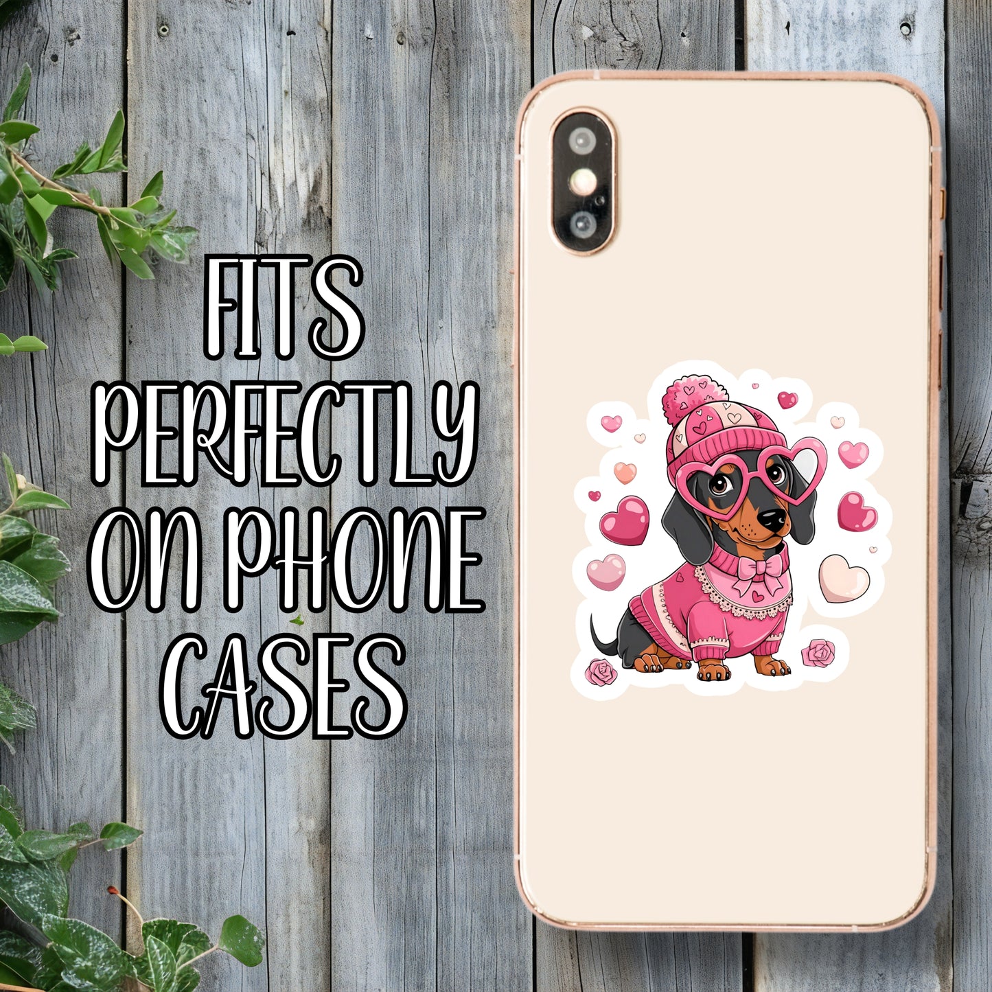 Pink Hearts Weiner Dog - Cute Valentine's Day Dachshund Sticker | Laminated Vinyl Decal | Funny Gift Stickers | Multiple Sizes | Perfect for Laptops, Cars, Tumblers and More!