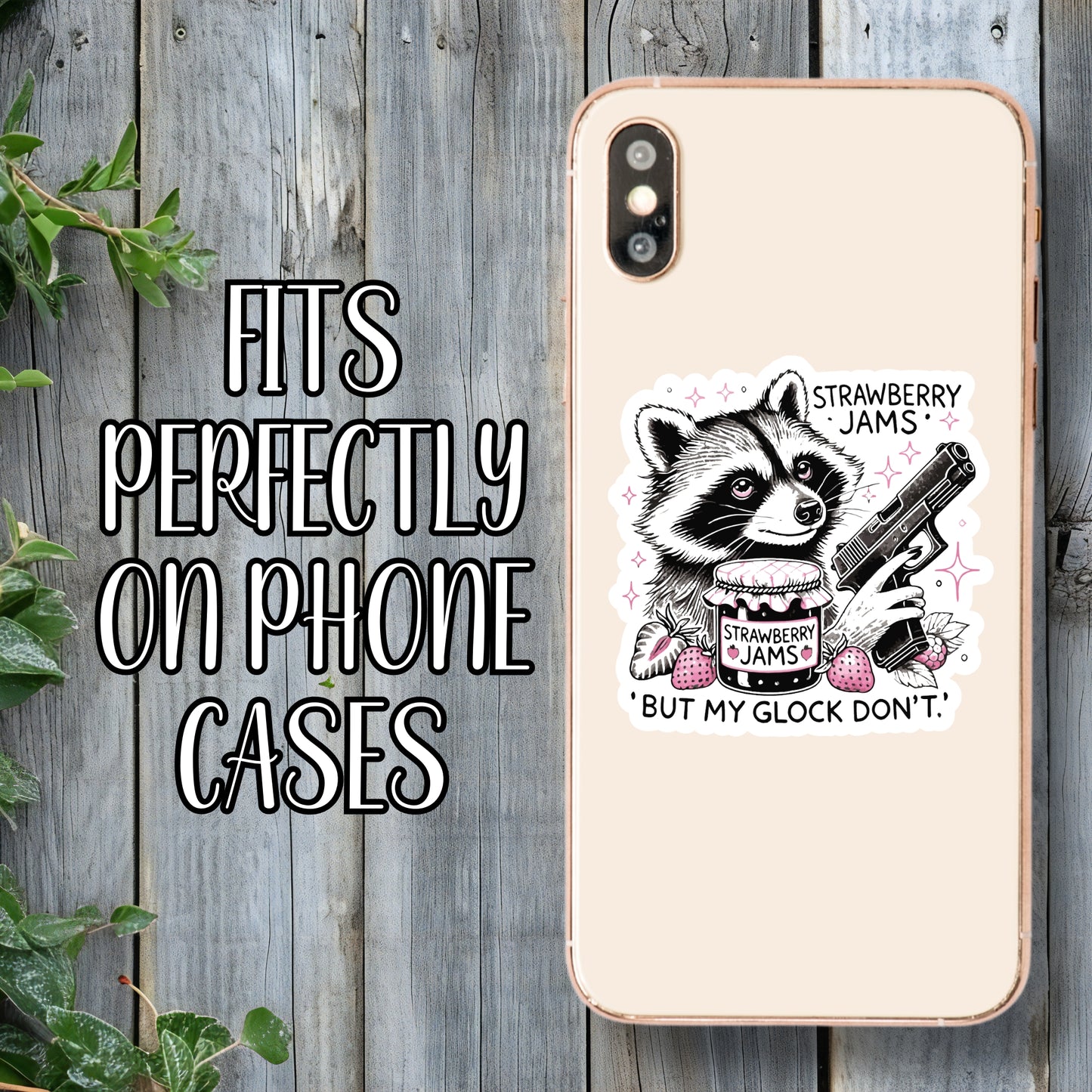 Strawberry Jams, But My Glock Don't - Funny Raccoon Sticker | Laminated Vinyl Decal | Funny Gift Stickers | Multiple Sizes | Perfect for Laptops, Cars, Tumblers and More!