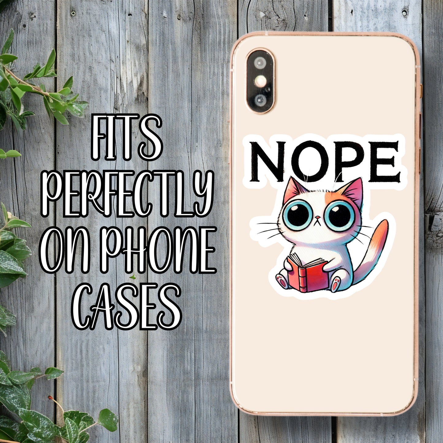 NOPE - Funny Big-Eyed Cat Bookworm Sticker | Laminated Vinyl Decal | Funny Gift Stickers | Multiple Sizes | Perfect for Laptops, Cars, Tumblers and More!