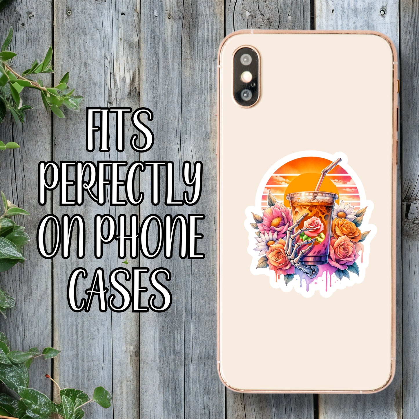 Pretty Sunset Skeleton Iced Coffee Aesthetic Sticker | Laminated Vinyl Decal | Funny Gift Stickers | Multiple Sizes | Perfect for Laptops, Cars, Tumblers and More!