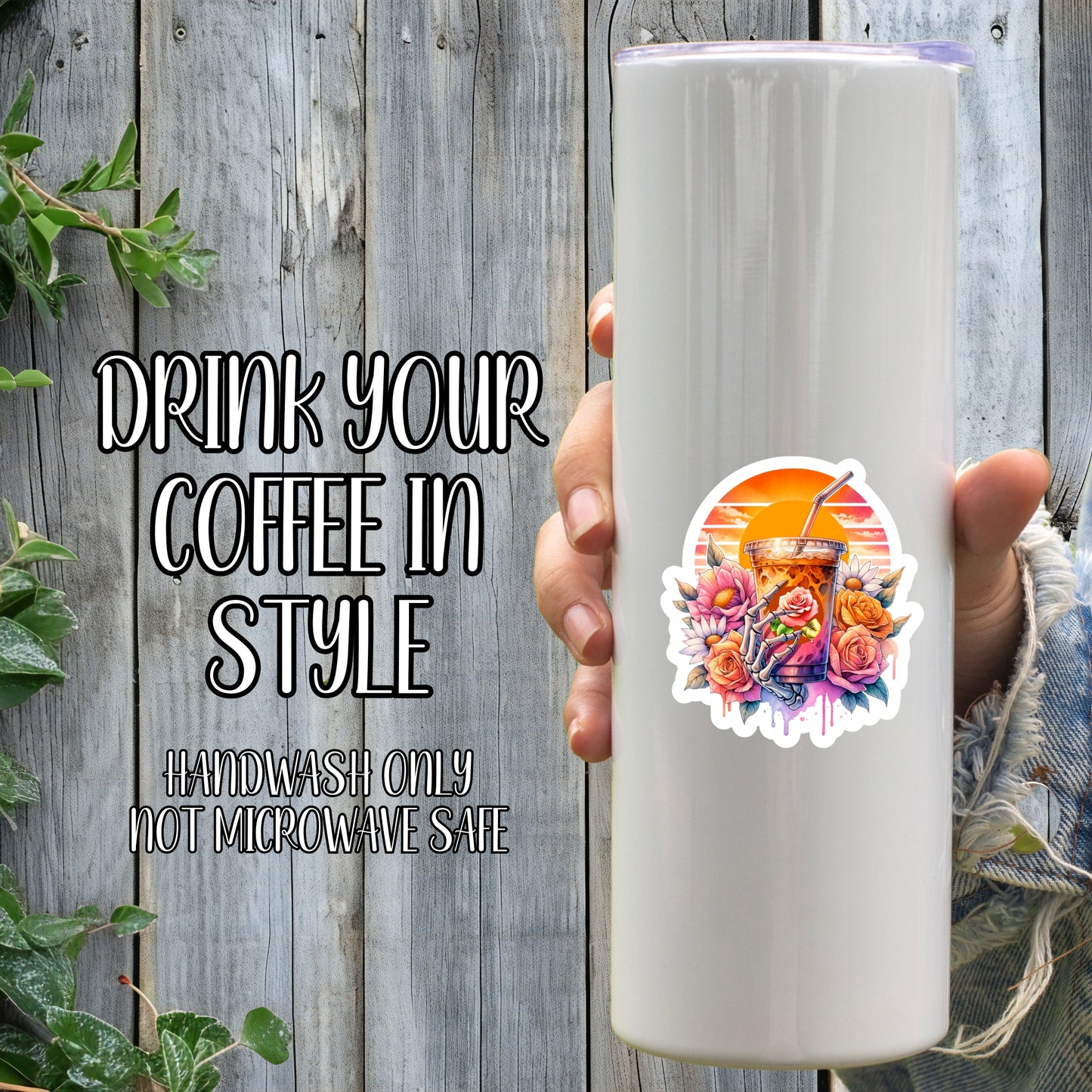 Pretty Sunset Skeleton Iced Coffee Aesthetic Sticker | Laminated Vinyl Decal | Funny Gift Stickers | Multiple Sizes | Perfect for Laptops, Cars, Tumblers and More!