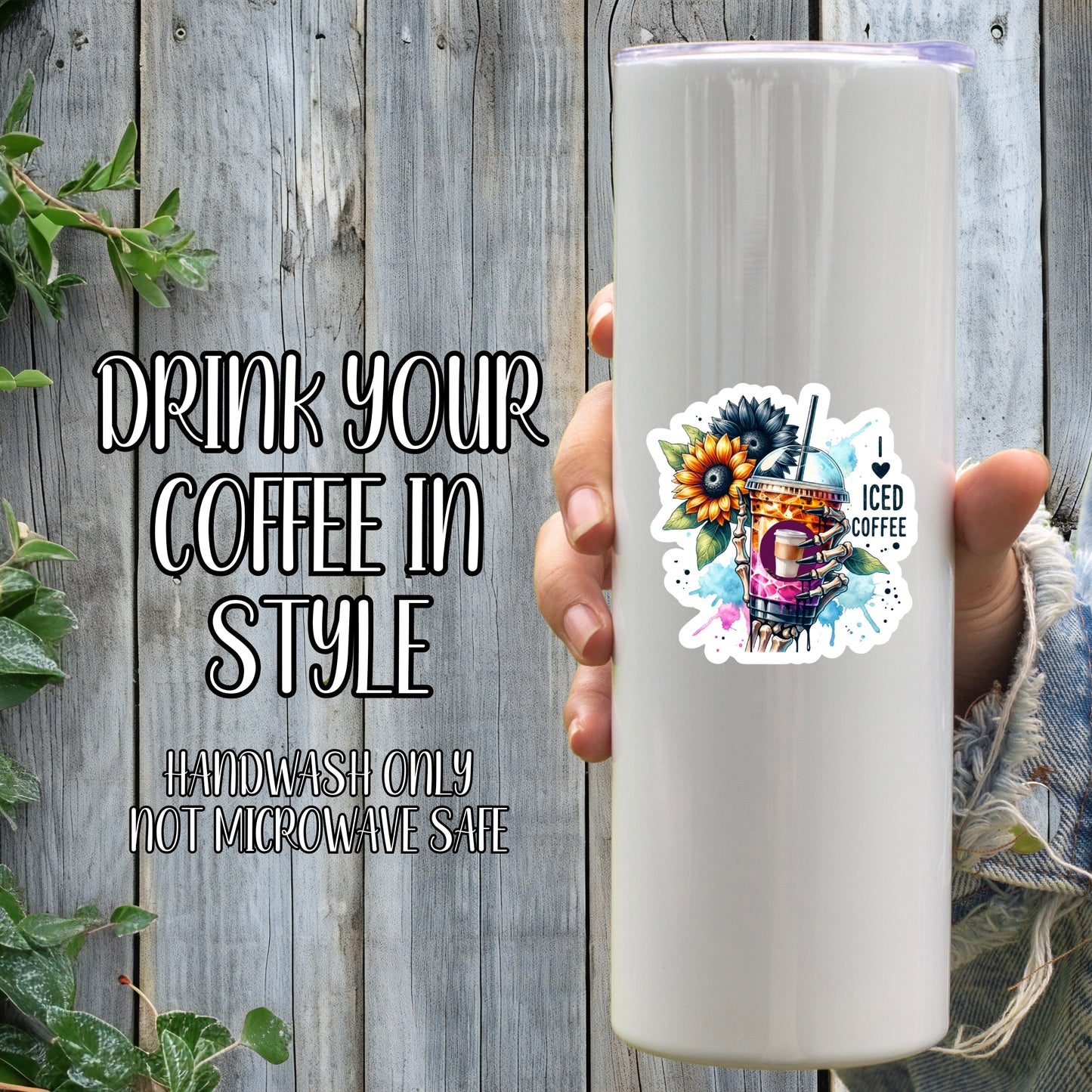 I <3 Iced Coffee Floral Skeleton Aesthetic Sticker | Laminated Vinyl Decal | Funny Gift Stickers | Multiple Sizes | Perfect for Laptops, Cars, Tumblers and More!