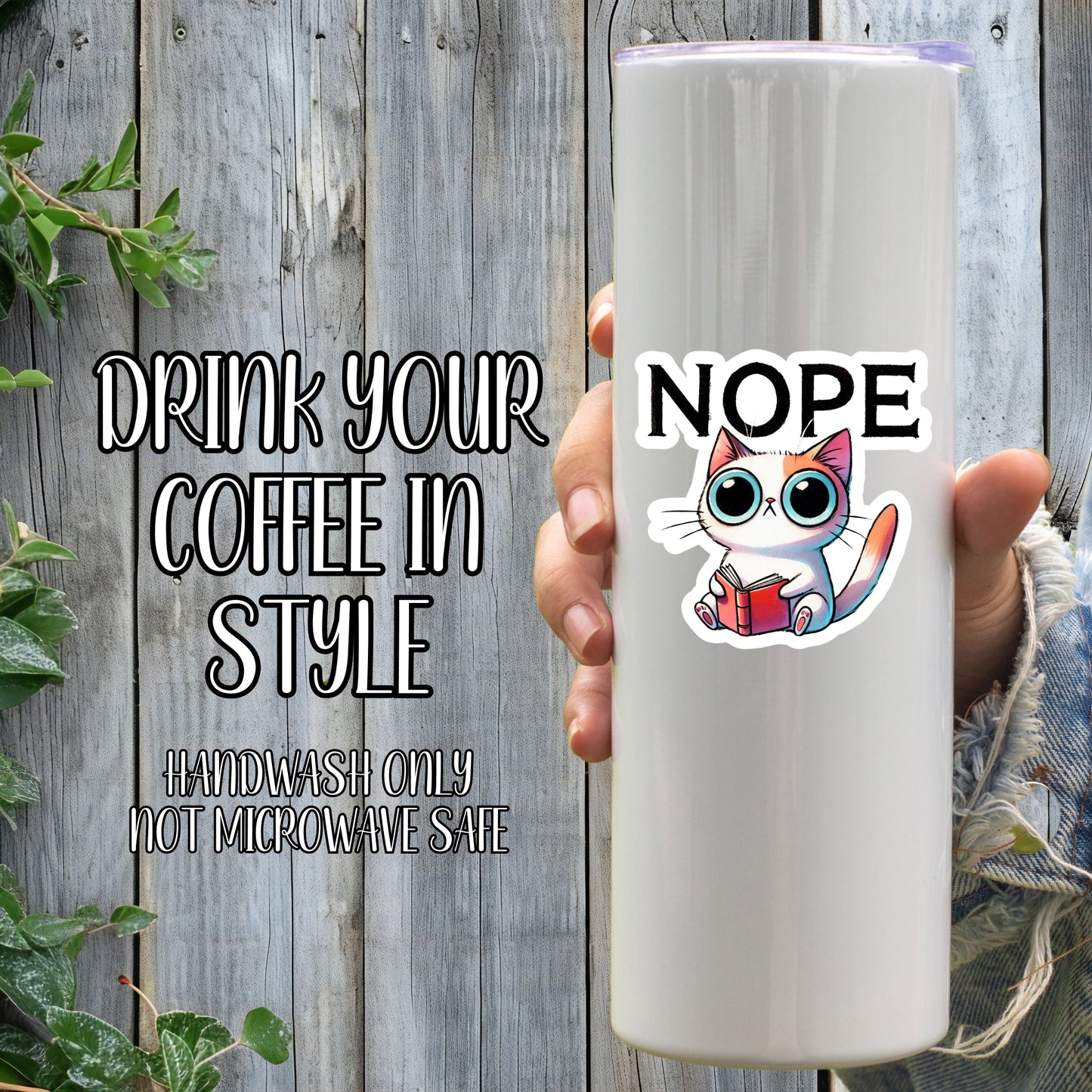 NOPE - Funny Big-Eyed Cat Bookworm Sticker | Laminated Vinyl Decal | Funny Gift Stickers | Multiple Sizes | Perfect for Laptops, Cars, Tumblers and More!