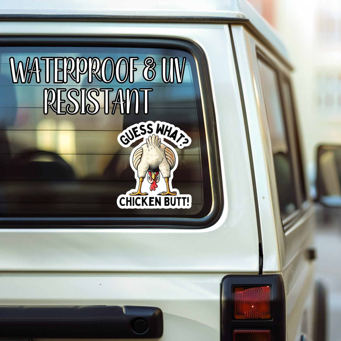 Guess What? Chicken Butt! - Funny Chicken Sticker | Laminated Vinyl Decal | Funny Gift Stickers | Multiple Sizes | Perfect for Laptops, Cars, Tumblers and More!