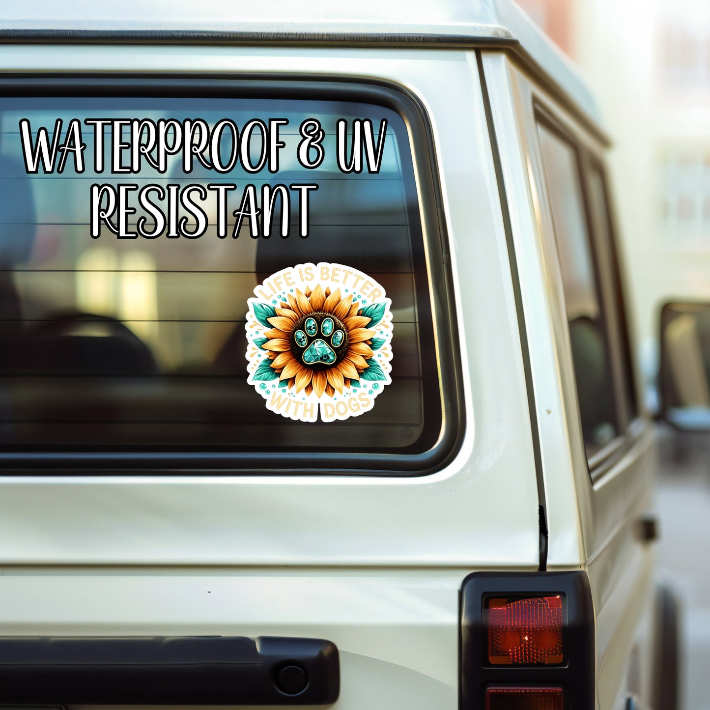 Life Is Better With Dogs - Bejeweled Sunflower Paw, Pet Parent Sticker | Laminated Vinyl Decal | Funny Gift Stickers | Multiple Sizes | Perfect for Laptops, Cars, Tumblers and More!