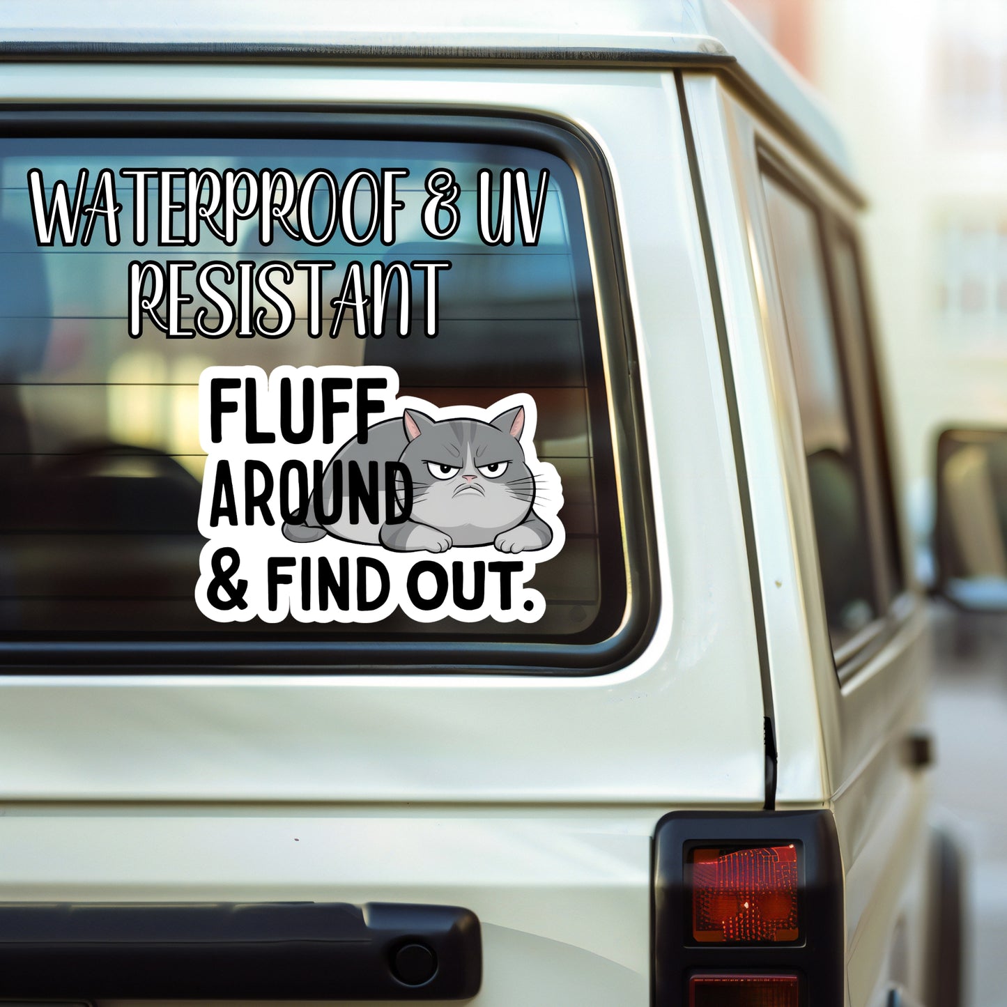 Fluff Around & Find Out - Funny Salty Cat Sticker | Laminated Vinyl Decal | Funny Gift Stickers | Multiple Sizes | Perfect for Laptops, Cars, Tumblers and More!