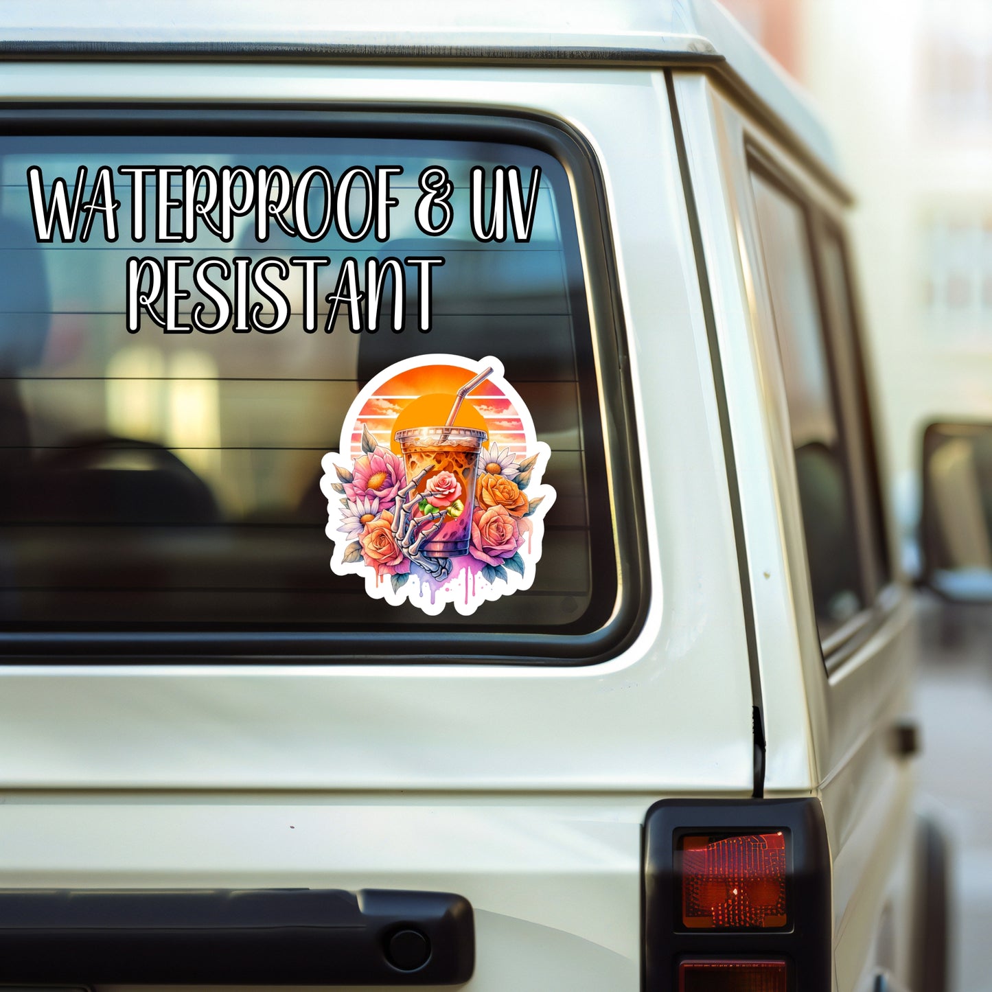 Pretty Sunset Skeleton Iced Coffee Aesthetic Sticker | Laminated Vinyl Decal | Funny Gift Stickers | Multiple Sizes | Perfect for Laptops, Cars, Tumblers and More!