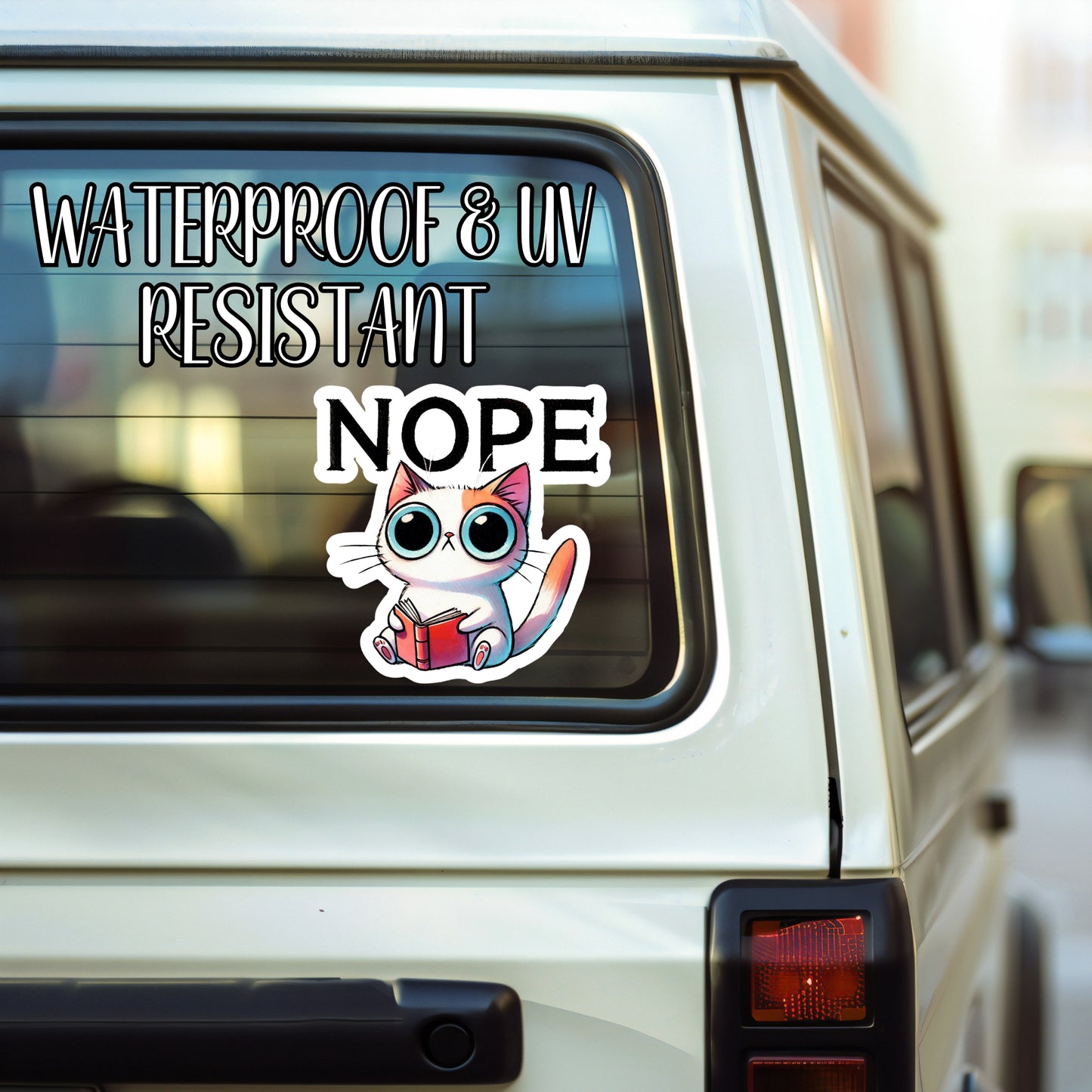 NOPE - Funny Big-Eyed Cat Bookworm Sticker | Laminated Vinyl Decal | Funny Gift Stickers | Multiple Sizes | Perfect for Laptops, Cars, Tumblers and More!