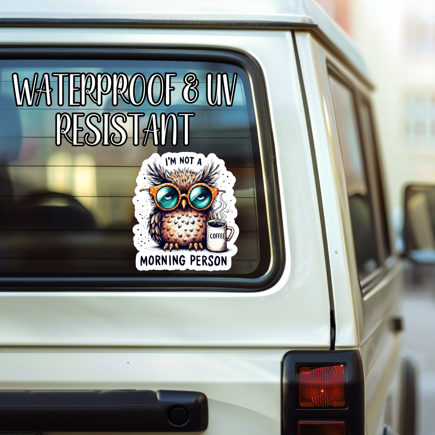 I'm Not A Morning Person - Sleepy Coffee Owl Sticker | Laminated Vinyl Decal | Funny Gift Stickers | Multiple Sizes | Perfect for Laptops, Cars, Tumblers and More!