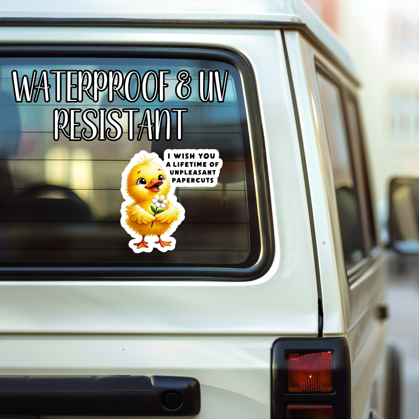 "I Wish You A Lifetime Of Unpleasant Papercuts" - Angry But Happy Cute Baby Chick Sticker | Laminated Vinyl Decal | Funny Gift Stickers | Multiple Sizes | Perfect for Laptops, Cars, Tumblers and More!