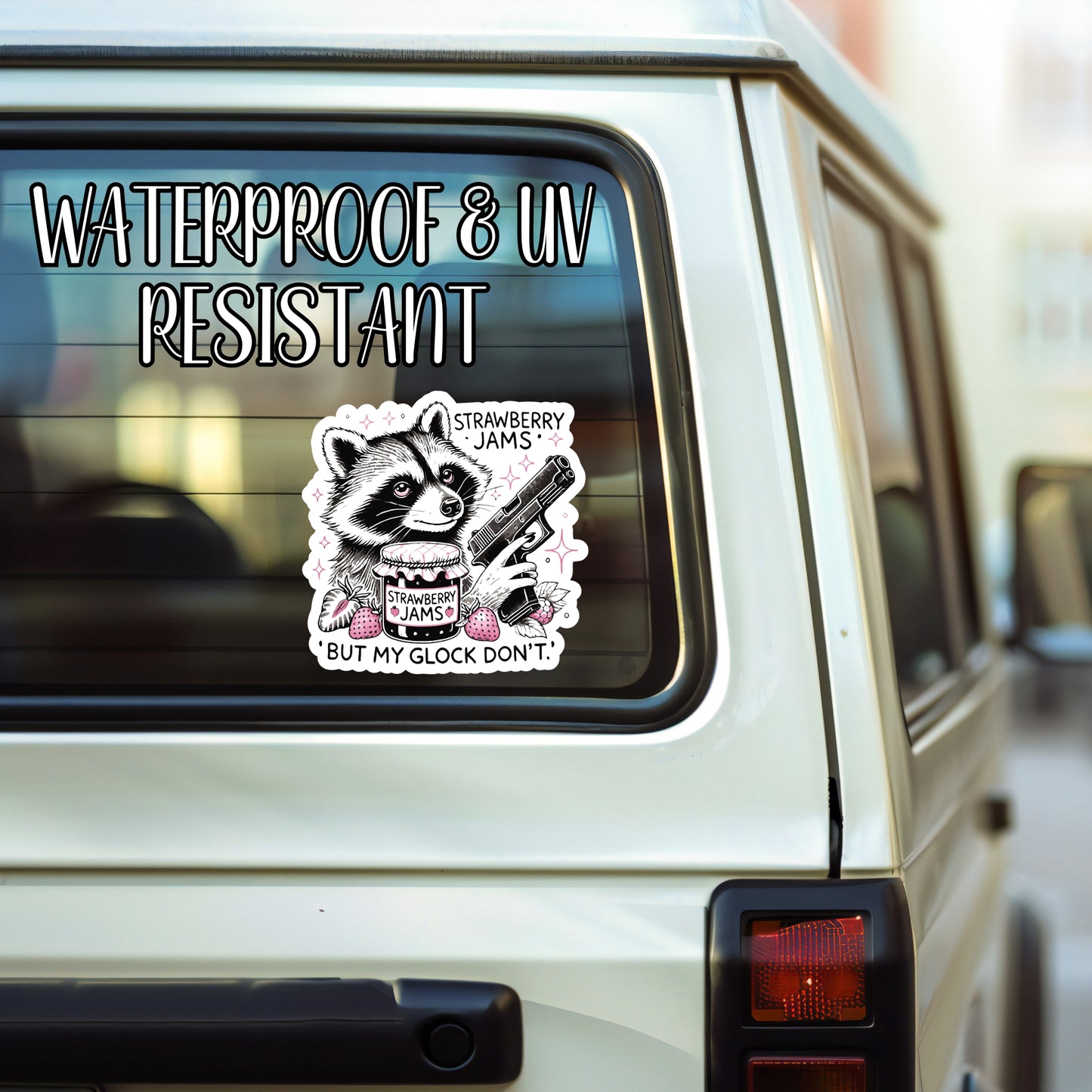 Strawberry Jams, But My Glock Don't - Funny Raccoon Sticker | Laminated Vinyl Decal | Funny Gift Stickers | Multiple Sizes | Perfect for Laptops, Cars, Tumblers and More!