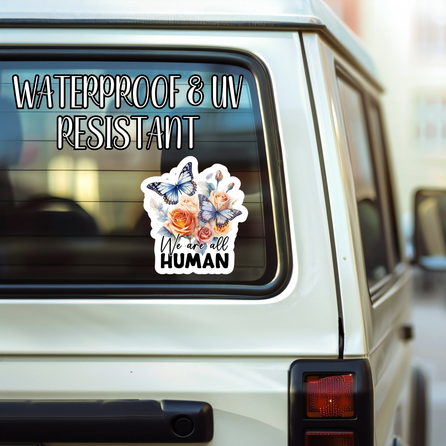 We Are All Human - LGBTQIA+ Floral & Butterfly Aesthetic Sticker | Laminated Vinyl Decal | Funny Gift Stickers | Multiple Sizes | Perfect for Laptops, Cars, Tumblers and More!