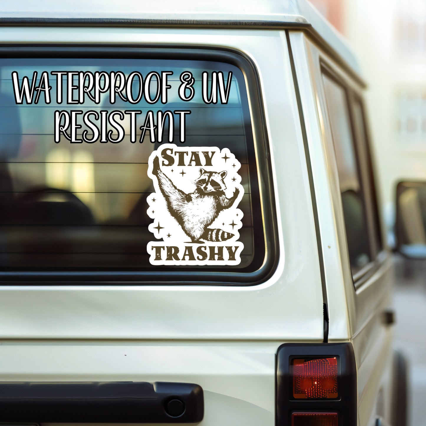 Stay Trashy Raccoon Sticker | Laminated Vinyl Decal | Funny Gift Stickers | Multiple Sizes | Perfect for Laptops, Cars, Tumblers and More!