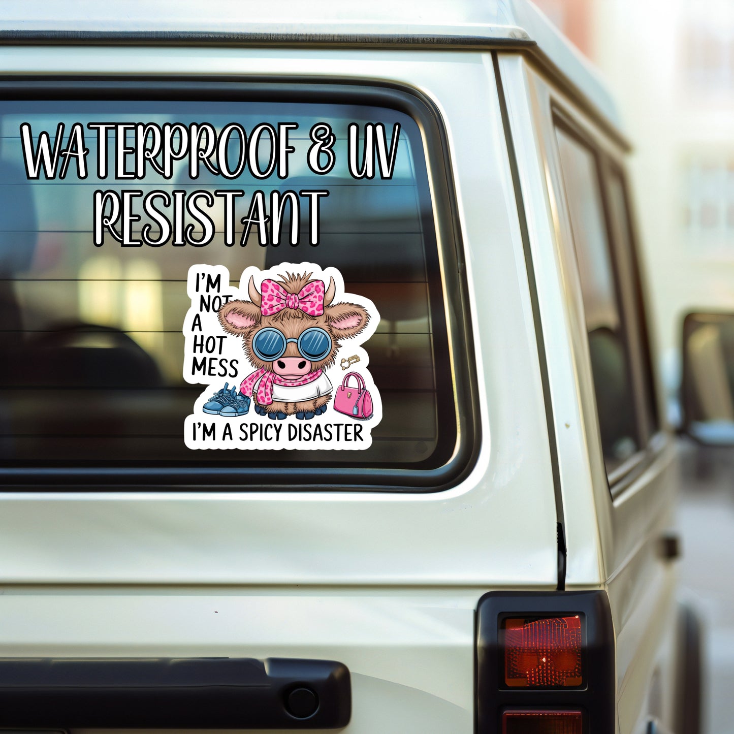 I'm Not A Hot Mess, I'm A Spicy Disaster! - Diva Shopping Cow Sassy Sticker | Laminated Vinyl Decal | Funny Gift Stickers | Multiple Sizes | Perfect for Laptops, Cars, Tumblers and More!