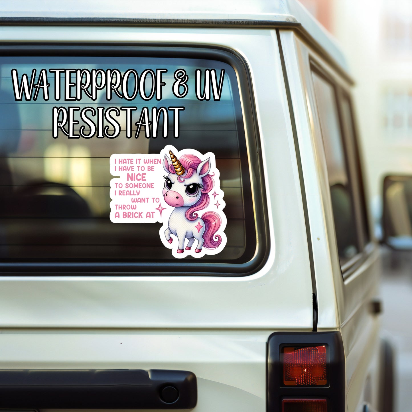 I Wanna Throw A Brick At Someone - Passive Aggressive Unicorn Sticker | Laminated Vinyl Decal | Funny Gift Stickers | Multiple Sizes | Perfect for Laptops, Cars, Tumblers and More!