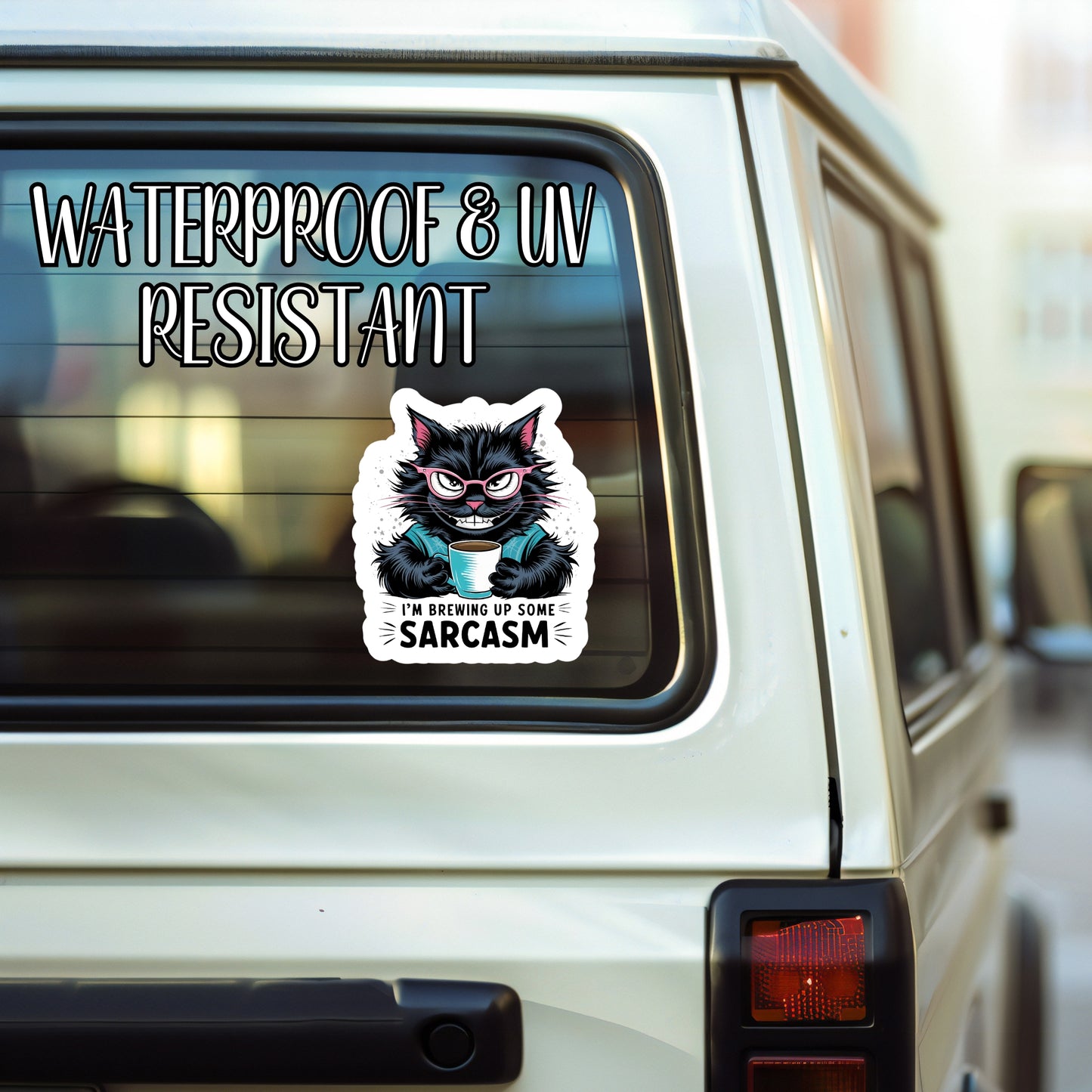 I'm Brewing Up Some Sarcasm - Drama Cat Coffee Sticker | Laminated Vinyl Decal | Funny Gift Stickers | Multiple Sizes | Perfect for Laptops, Cars, Tumblers and More!