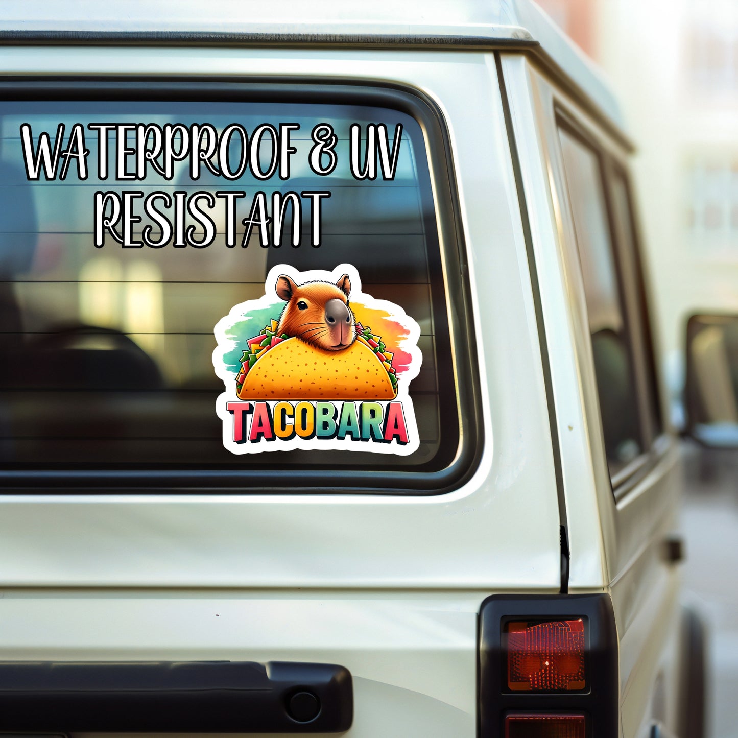 Tacobara - Vibrant Capybara Sticker | Laminated Vinyl Decal | Funny Gift Stickers | Multiple Sizes | Perfect for Laptops, Cars, Tumblers and More!