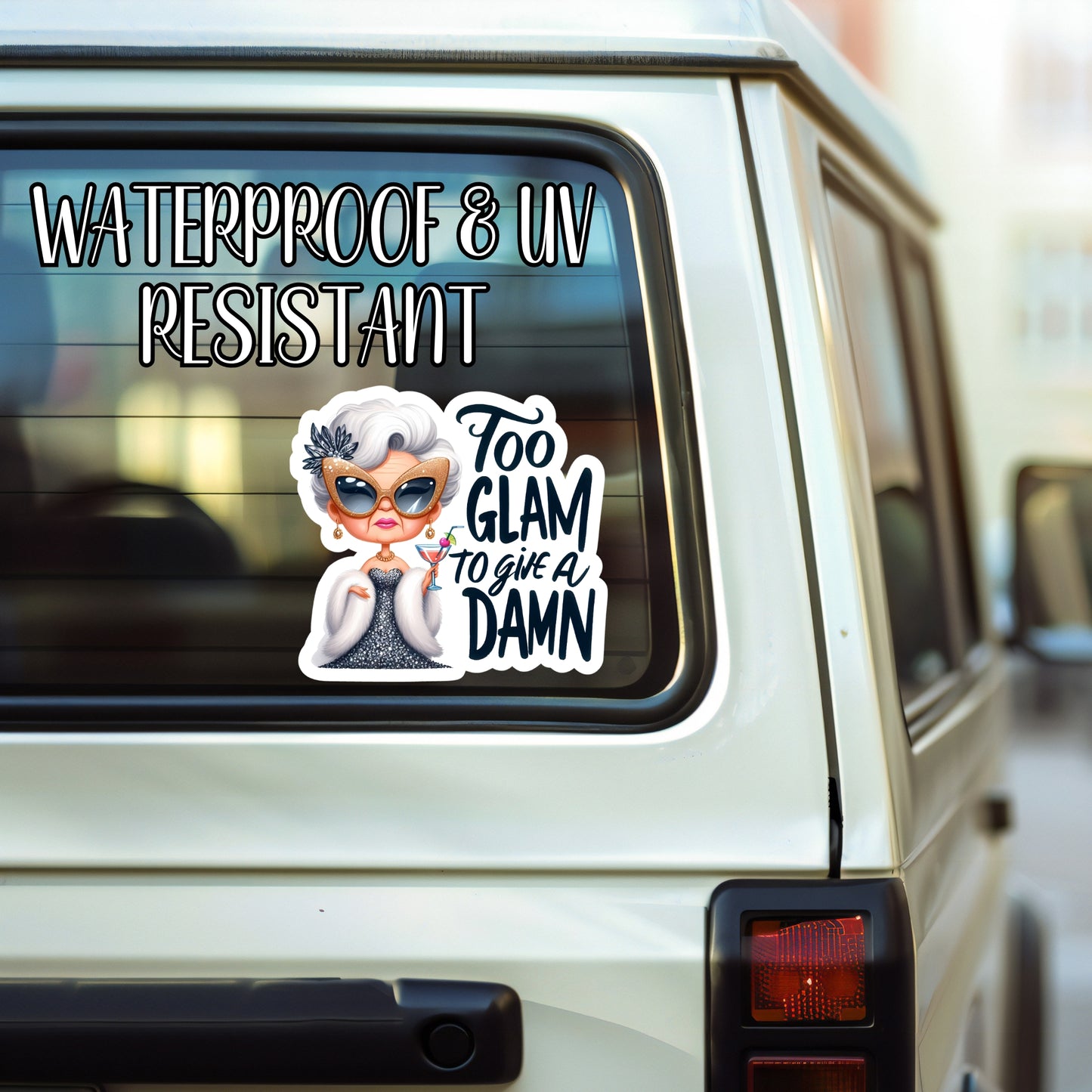 Too Glam To Give A D*mn - Regal Old Lady Aesthetic Sticker | Laminated Vinyl Decal | Funny Gift Stickers | Multiple Sizes | Perfect for Laptops, Cars, Tumblers and More!