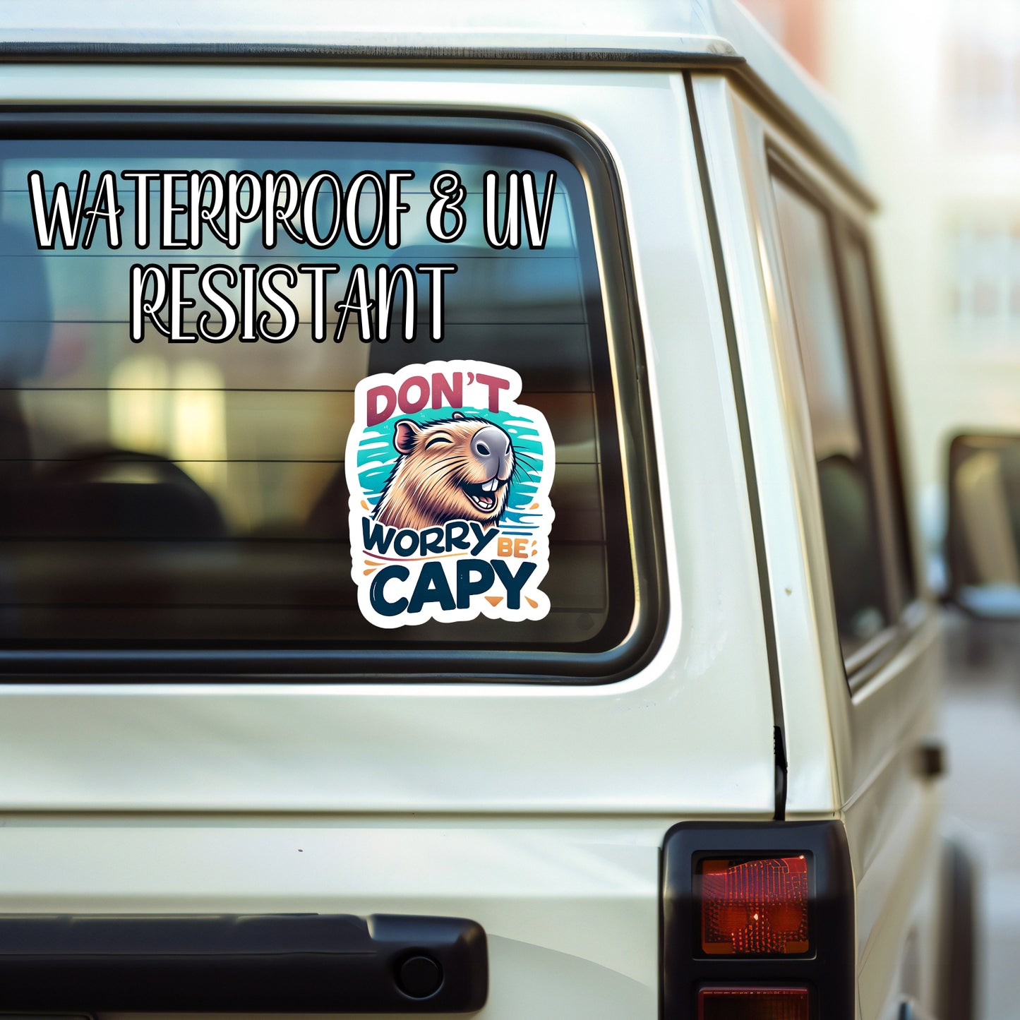 Don't Worry, Be Capy - Happy Capybara Sticker | Laminated Vinyl Decal | Funny Gift Stickers | Multiple Sizes | Perfect for Laptops, Cars, Tumblers and More!