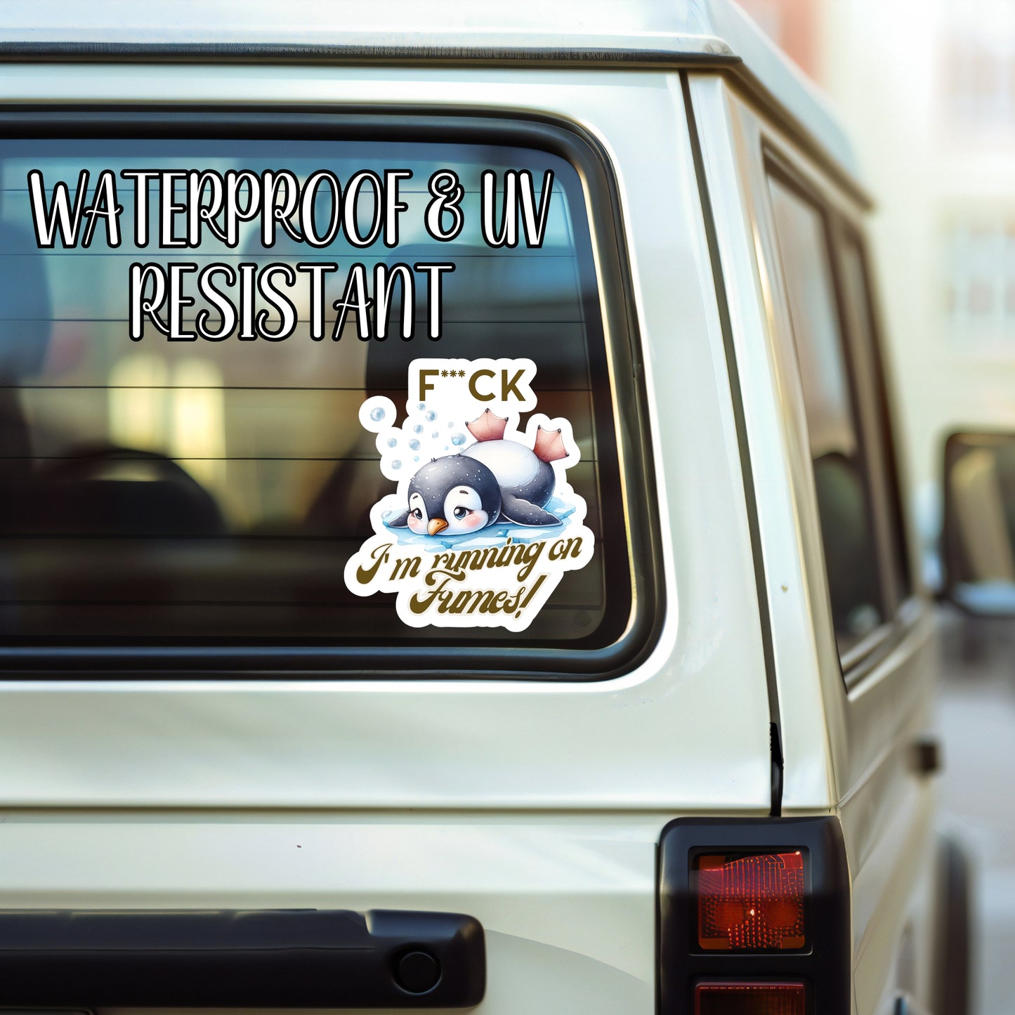 F*ck, I'm Running On Fumes - Sleepy Penguin Sticker | Laminated Vinyl Decal | Funny Gift Stickers | Multiple Sizes | Perfect for Laptops, Cars, Tumblers and More!